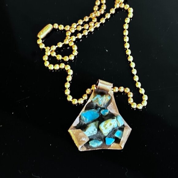 Kingman Turquoise Copper Pendant Necklace Brutalist Gift Choker 16" Handmade - Picture 3 of 5